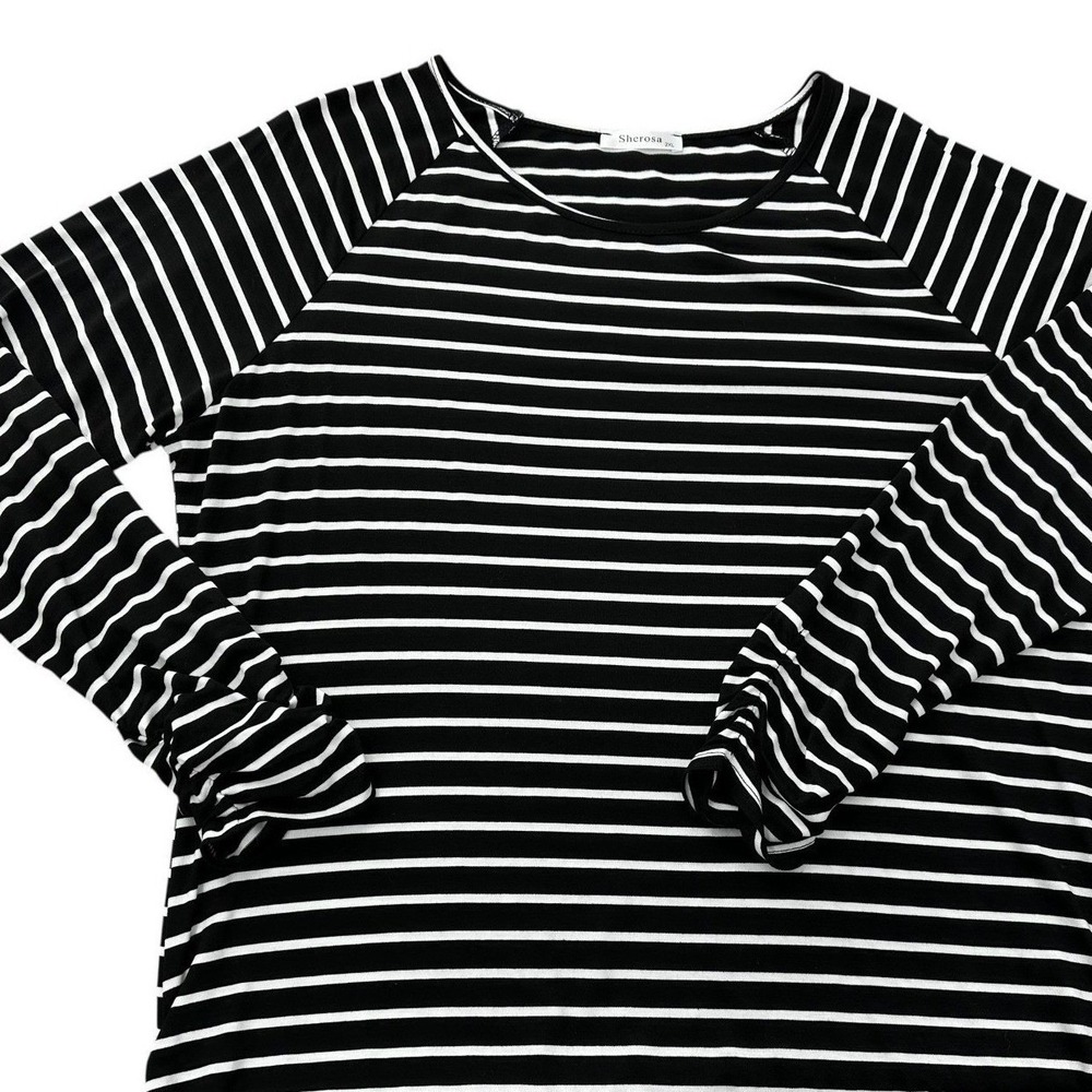 Sherosa Striped Tunic Top Ruched Black & White Jersey 3/4 Sleeves Women's 2XL